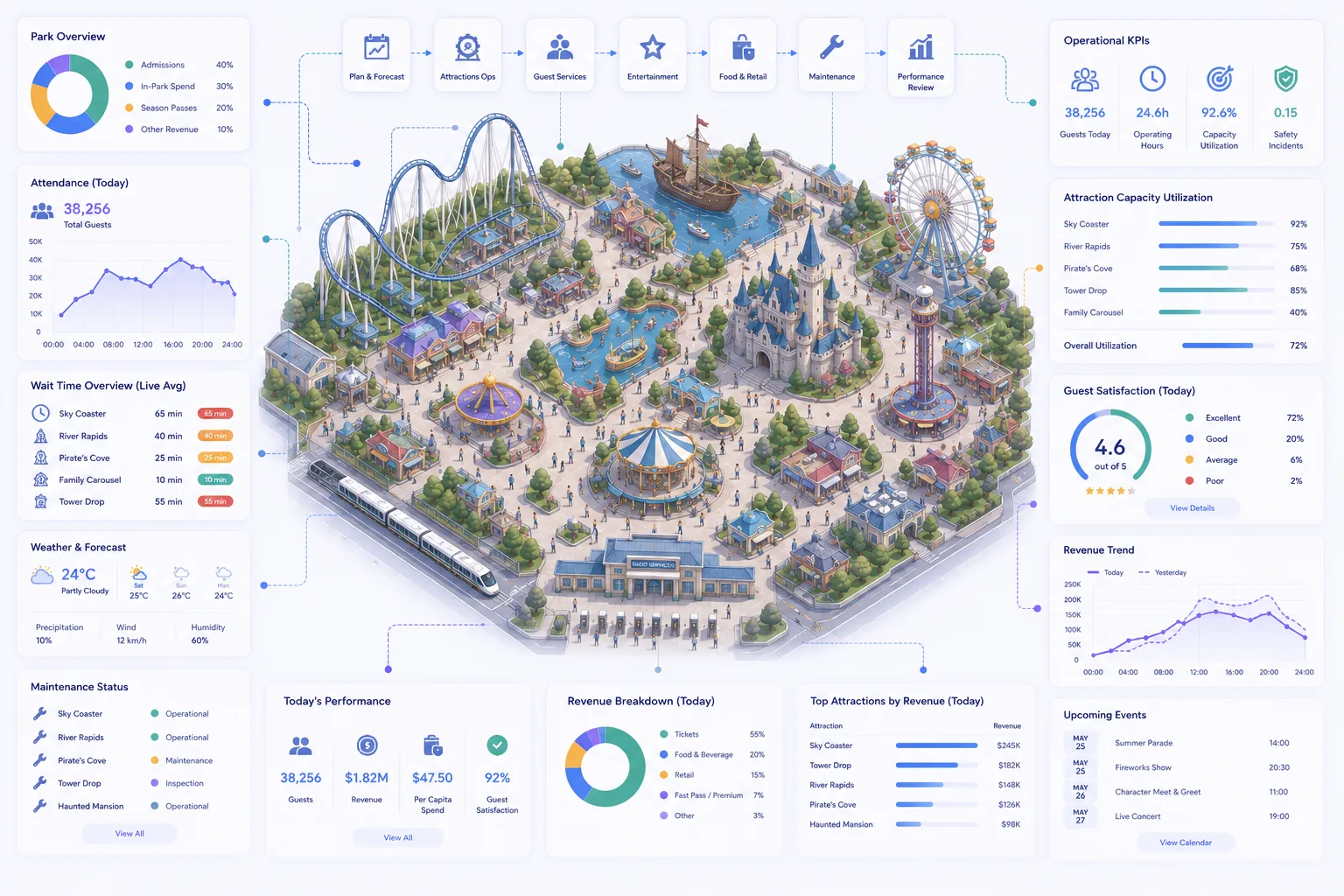 Theme park guest and ride flow